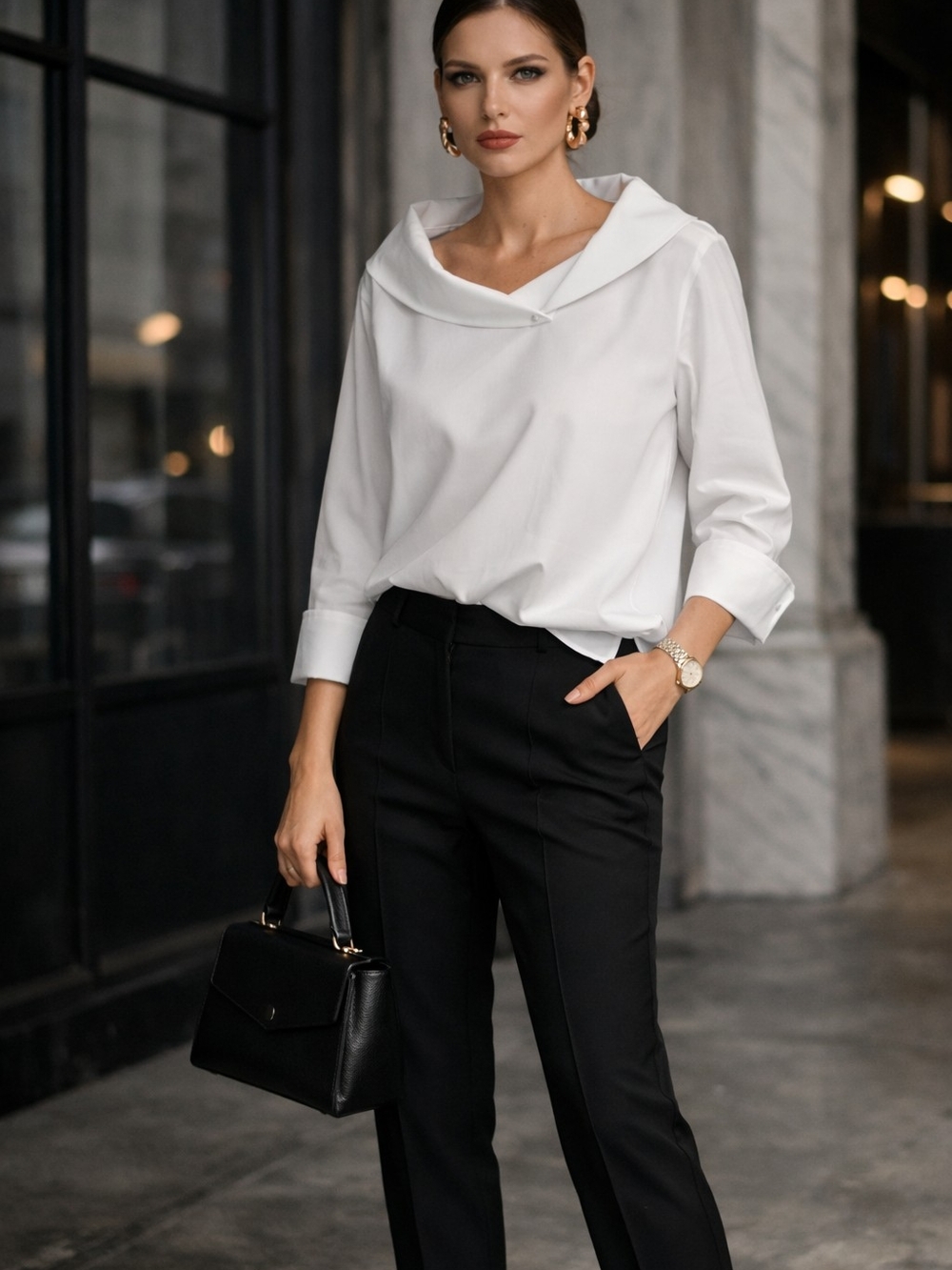 Talbots White Draped Sabrina Top Portrait Collar 3/4 Sleeves Large New